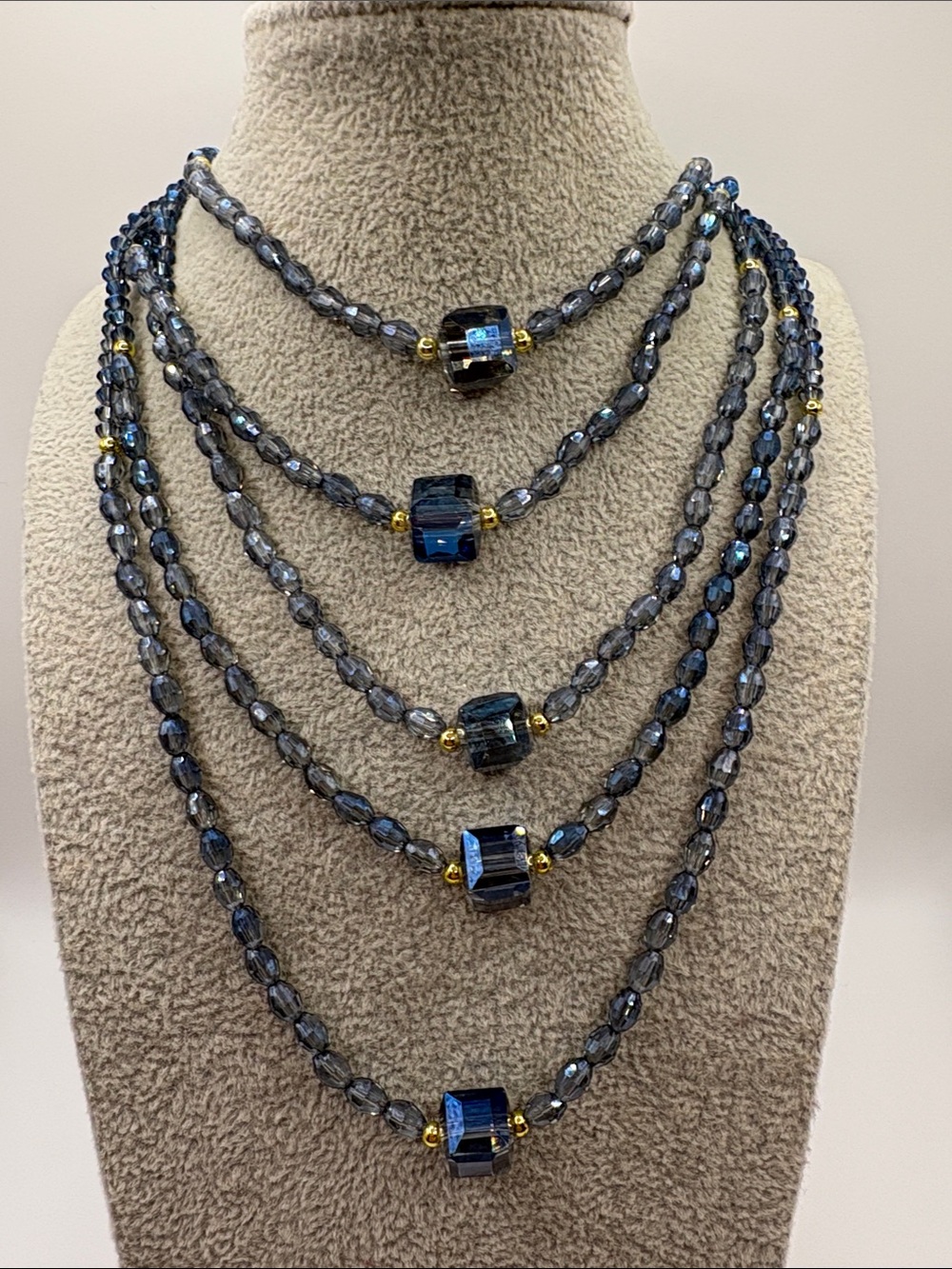 Layered Blue Crystal Bead Necklace with Gold Accents